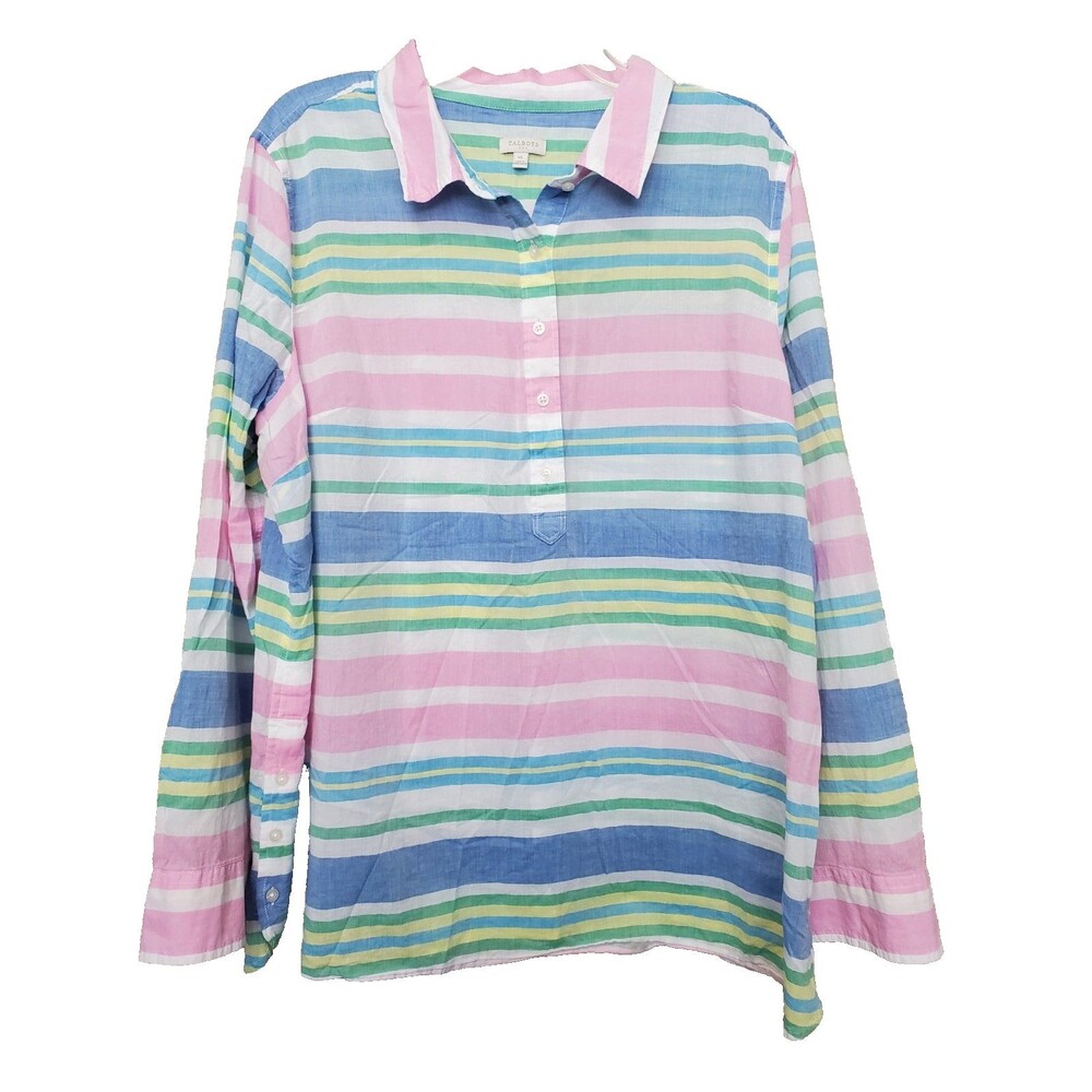 Talbots 100% Cotton Beach Club Stripe Henley Neck Popover w/Side Vents XL